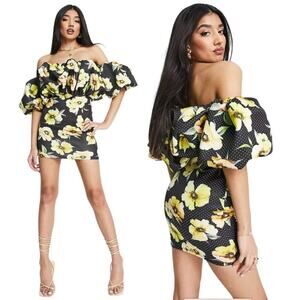 ASOS Design Floral Dot Off Shoulder Mini Bubble Dress Size 10 NWOT $82 MSRP